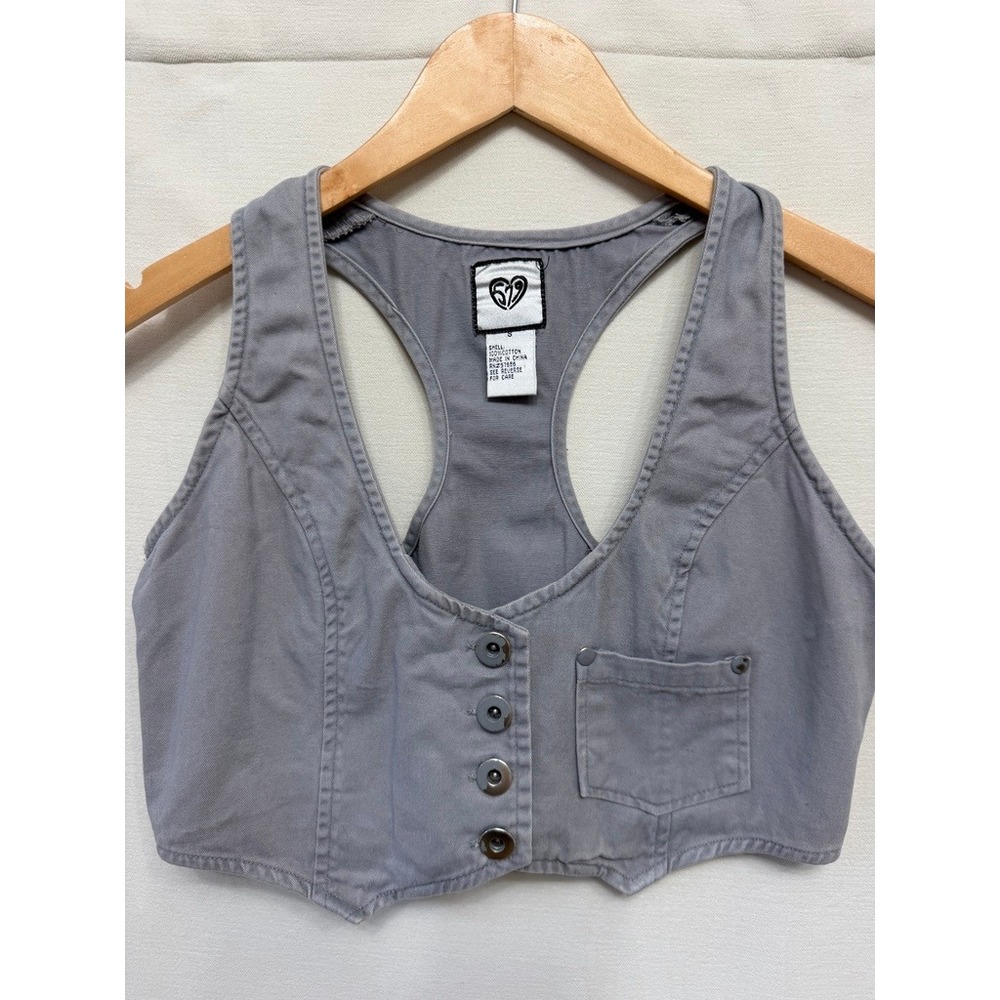 Vintage Y2K 5 7 9 Cropped Racerback Vest Womens Small Slate Gray Button Up Cinch